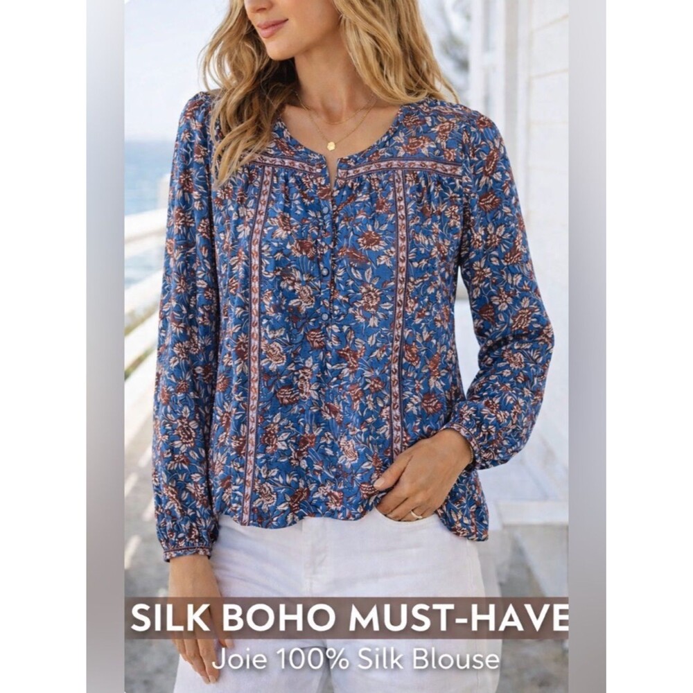 Joie 100% Silk Floral Boho Blouse Blue Rust Border Print Flowy Peasant. Size S